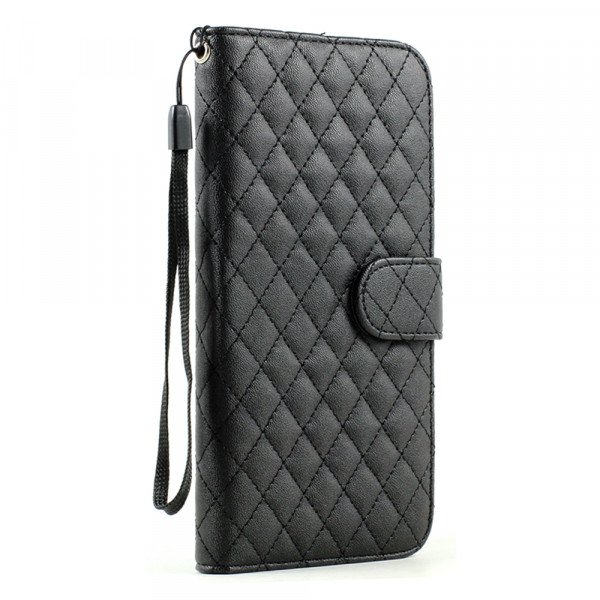 Wholesale iPhone 6 Plus 5.5 Quilted Flip PU Leather Wallet Case with Strap (Black)